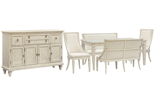 Magnussen - Newport Alabaster Extendable Rectangular Dining Table With 2 Upholstered Benches 2 Arm Chairs And Buffet - D5430-20-KIT83 view 1