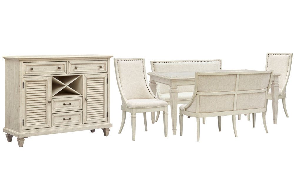 Magnussen - Newport Alabaster Extendable Rectangular Dining Table With 2 Upholstered Benches 2 Arm Chairs And Server - D5430-20-KIT82 view 1