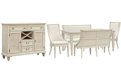 Magnussen - Newport Alabaster Extendable Rectangular Dining Table With 2 Upholstered Benches 2 Arm Chairs And Server - D5430-20-KIT82 view 1