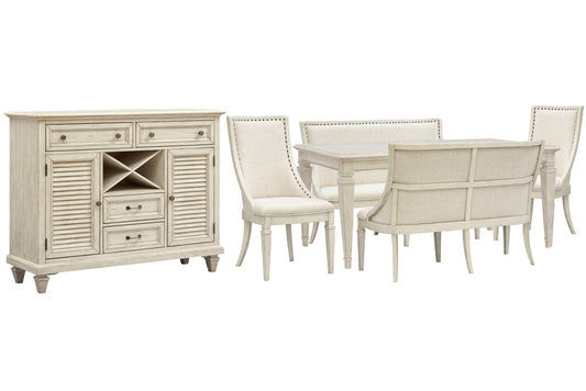 Magnussen - Newport Alabaster Extendable Rectangular Dining Table With 2 Upholstered Benches 2 Arm Chairs And Server - D5430-20-KIT82 view 1