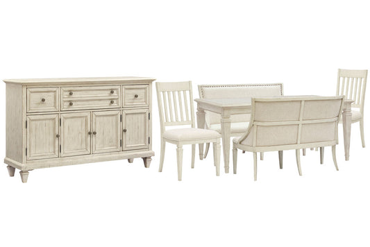 Magnussen - Newport Alabaster Extendable Rectangular Dining Table With 2 Upholstered Benches 2 Side Chairs And Buffet - D5430-20-KIT78 view 1