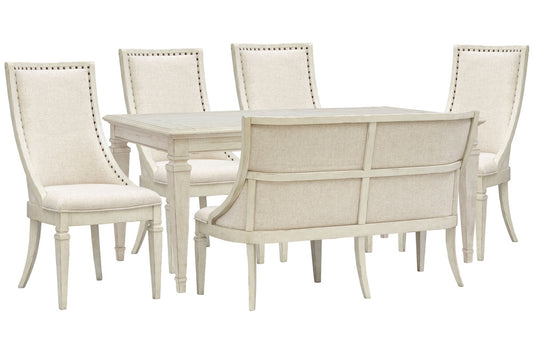 Magnussen - Newport Alabaster Extendable Rectangular Dining Table With 4 Arm Chairs And Upholstered Bench - D5430-20-KIT46 view 1