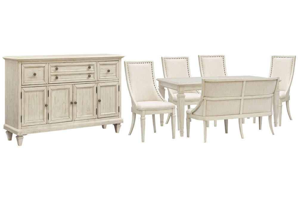 Magnussen - Newport Alabaster Extendable Rectangular Dining Table With 4 Arm Chairs Upholstered Bench And Buffet - D5430-20-KIT48 view 1