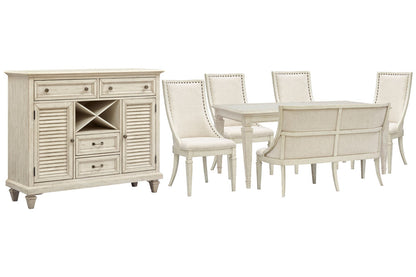 Magnussen - Newport Alabaster Extendable Rectangular Dining Table With 4 Arm Chairs Upholstered Bench And Server - D5430-20-KIT47 view 1