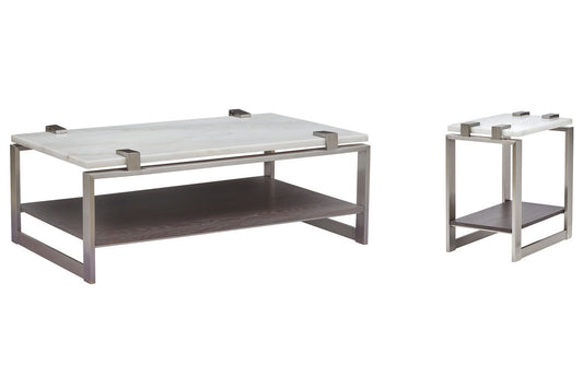 Magnussen - Paradox Pearl White And Roasted Almond And Brushed Platinum Rectangular Cocktail Table With Accent Table - T4852-43KIT1 view 1
