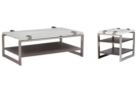 Magnussen - Paradox Pearl White And Roasted Almond And Brushed Platinum Rectangular Cocktail Table With End Table - T4852-43KIT4 view 1