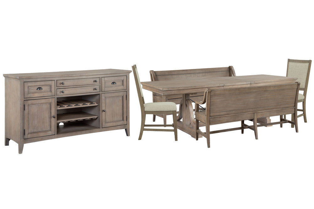 Magnussen - Paxton Place Dovetail Grey Extendable Trestle Dining Table With 2 Benches 2 Upholstered Side Chairs And Buffet - D4805-25-KIT30 view 1