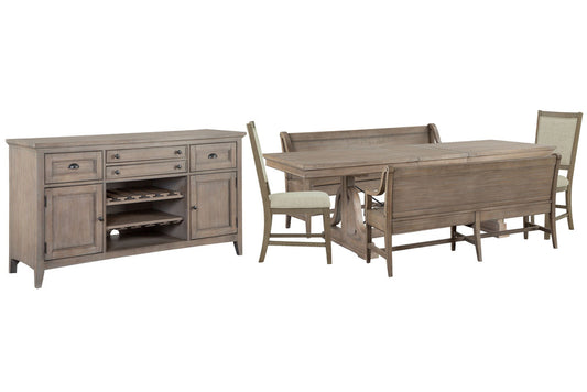Magnussen - Paxton Place Dovetail Grey Extendable Trestle Dining Table With 2 Benches 2 Upholstered Side Chairs And Buffet - D4805-25-KIT30 view 1
