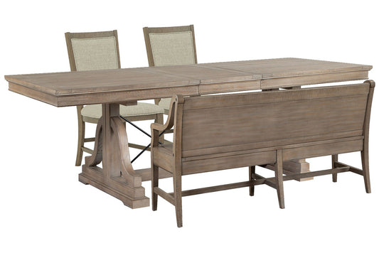 Magnussen - Paxton Place Dovetail Grey Extendable Trestle Dining Table With 2 Step Upholstered Side Chairs And Bench - D4805-25-KIT21 view 1
