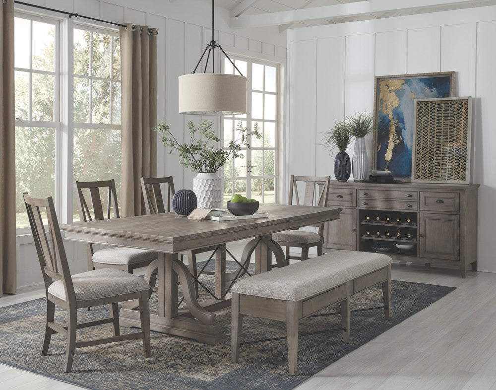 Magnussen - Paxton Place Dovetail Grey Extendable Trestle Dining Table With 2 Step Upholstered Side Chairs And Bench - D4805-25-KIT21 view 10