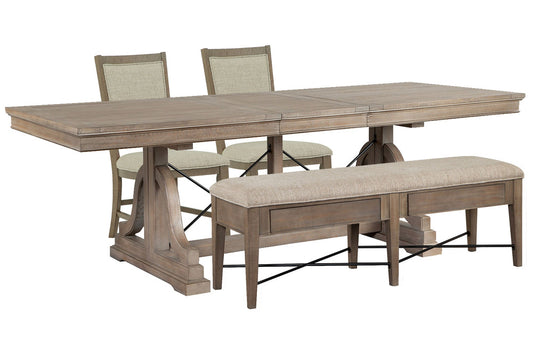 Magnussen - Paxton Place Dovetail Grey Extendable Trestle Dining Table With 2 Step Upholstered Side Chairs And Upholstered Bench - D4805-25-KIT17 view 1