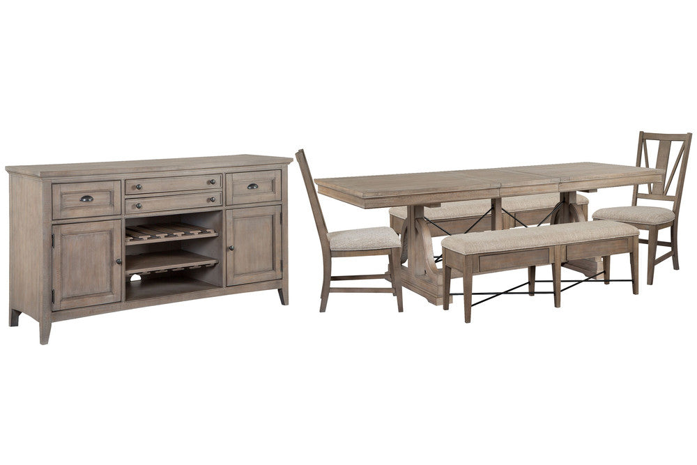 Magnussen - Paxton Place Dovetail Grey Extendable Trestle Dining Table With 2 Upholstered Benches 2 Side Chairs And Buffet - D4805-25-KIT34 view 1