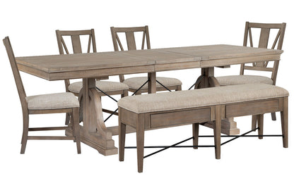 Magnussen - Paxton Place Dovetail Grey Extendable Trestle Dining Table With 4 Side Chairs And Upholstered Bench - D4805-25-KIT11 view 1