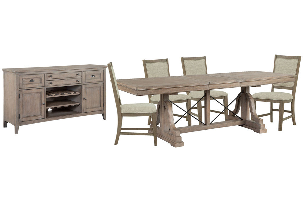 Magnussen - Paxton Place Dovetail Grey Extendable Trestle Dining Table With 4 Step Upholstered Side Chairs And Buffet - D4805-25-KIT6 view 1