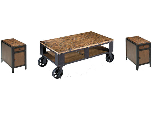 Magnussen - Pinebrook Distressed Natural Pine Rectangular 2 Braking Casters Cocktail Table With 2 Chairside Door End Table - T1755-43KIT11 view 1