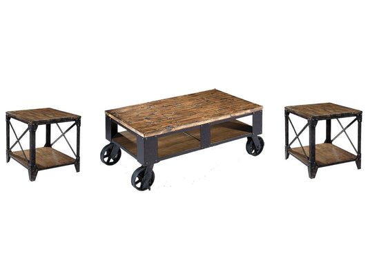 Magnussen - Pinebrook Distressed Natural Pine Rectangular 2 Braking Casters Cocktail Table With 2 End Table - T1755-43KIT8 view 1
