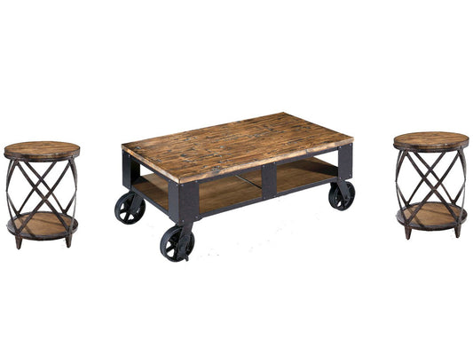 Magnussen - Pinebrook Distressed Natural Pine Rectangular 2 Braking Casters Cocktail Table With 2 Round Accent Table - T1755-43KIT2 view 1