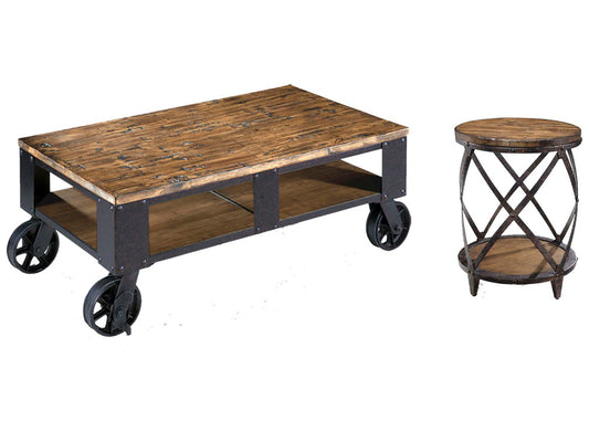 Magnussen - Pinebrook Distressed Natural Pine Rectangular 2 Braking Casters Cocktail Table With Round Accent Table - T1755-43KIT1 view 1