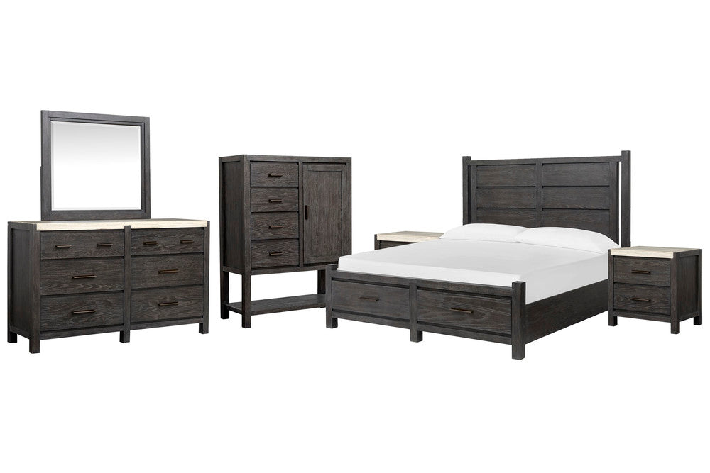 Magnussen - Plum Creek Ravenwood Black California King Panel Storage Bed 2 Nightstands Drawer Dresser With Landscape Mirror And Door Chest - B5990-74A-KIT6 view 1