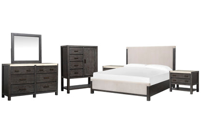Magnussen - Plum Creek Ravenwood Black California King Upholstered Panel Bed 2 Open Nightstands Drawer Dresser With Landscape Mirror And Door Chest - B5990-75-KIT11 view 1