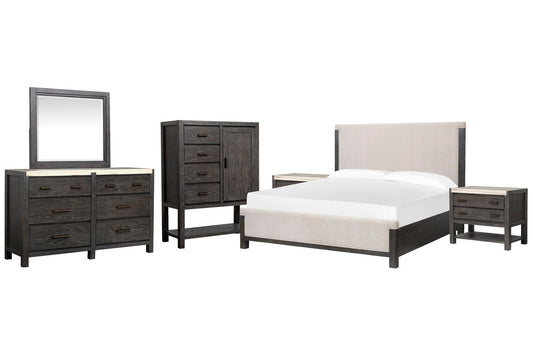 Magnussen - Plum Creek Ravenwood Black California King Upholstered Panel Bed 2 Open Nightstands Drawer Dresser With Landscape Mirror And Door Chest - B5990-75-KIT11 view 1