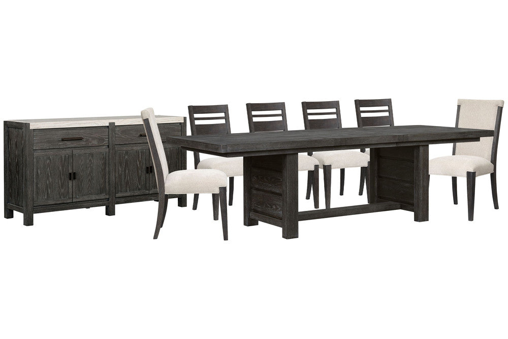 Magnussen - Plum Creek Ravenwood Black Extendable Trestle Dining Table With 4 Side Chairs 2 Upholstered Side Chairs And Sideboard - D5990-21-KIT17 view 1