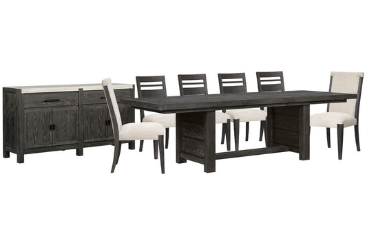 Magnussen - Plum Creek Ravenwood Black Extendable Trestle Dining Table With 4 Side Chairs 2 Upholstered Side Chairs And Sideboard - D5990-21-KIT17 view 1