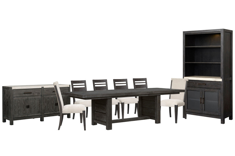 Magnussen - Plum Creek Ravenwood Black Extendable Trestle Dining Table With 4 Side Chairs 2 Upholstered Side Chairs Sideboard And Display Cabinet - D5990-21-KIT18 view 1