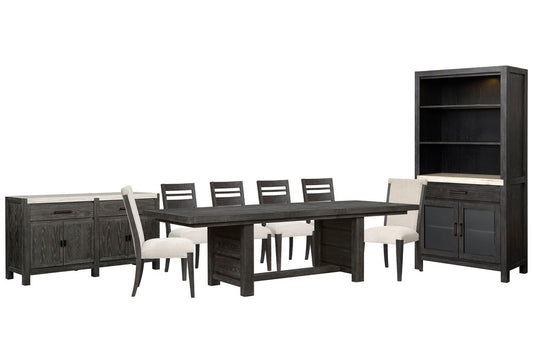 Magnussen - Plum Creek Ravenwood Black Extendable Trestle Dining Table With 4 Side Chairs 2 Upholstered Side Chairs Sideboard And Display Cabinet - D5990-21-KIT18 view 1