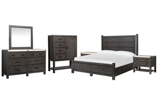 Magnussen - Plum Creek Ravenwood Black King Panel Bed 2 Open Nightstands Drawer Dresser With Landscape Mirror And Door Chest - B5990-64-KIT11 view 1
