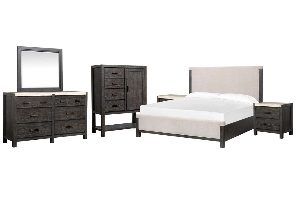 Magnussen - Plum Creek Ravenwood Black King Upholstered Panel Bed 2 Nightstands Drawer Dresser With Landscape Mirror And Door Chest - B5990-65-KIT6 view 1