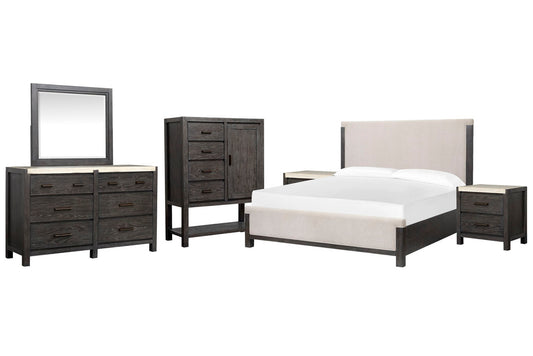Magnussen - Plum Creek Ravenwood Black King Upholstered Panel Bed 2 Nightstands Drawer Dresser With Landscape Mirror And Door Chest - B5990-65-KIT6 view 1