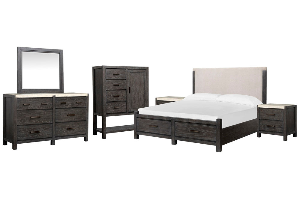 Magnussen - Plum Creek Ravenwood Black King Upholstered Panel Storage Bed 2 Nightstands Drawer Dresser With Landscape Mirror And Door Chest - B5990-65A-KIT6 view 1