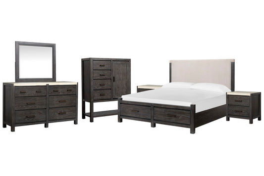 Magnussen - Plum Creek Ravenwood Black King Upholstered Panel Storage Bed 2 Nightstands Drawer Dresser With Landscape Mirror And Door Chest - B5990-65A-KIT6 view 1
