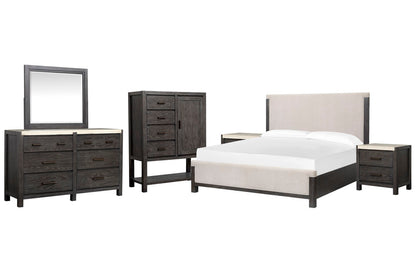 Magnussen - Plum Creek Ravenwood Black Queen Upholstered Panel Bed 2 Nightstands Drawer Dresser With Landscape Mirror And Door Chest - B5990-55-KIT6 view 1