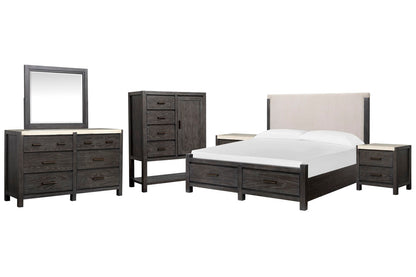Magnussen - Plum Creek Ravenwood Black Queen Upholstered Panel Storage Bed 2 Nightstands Drawer Dresser With Landscape Mirror And Door Chest - B5990-55A-KIT6 view 1