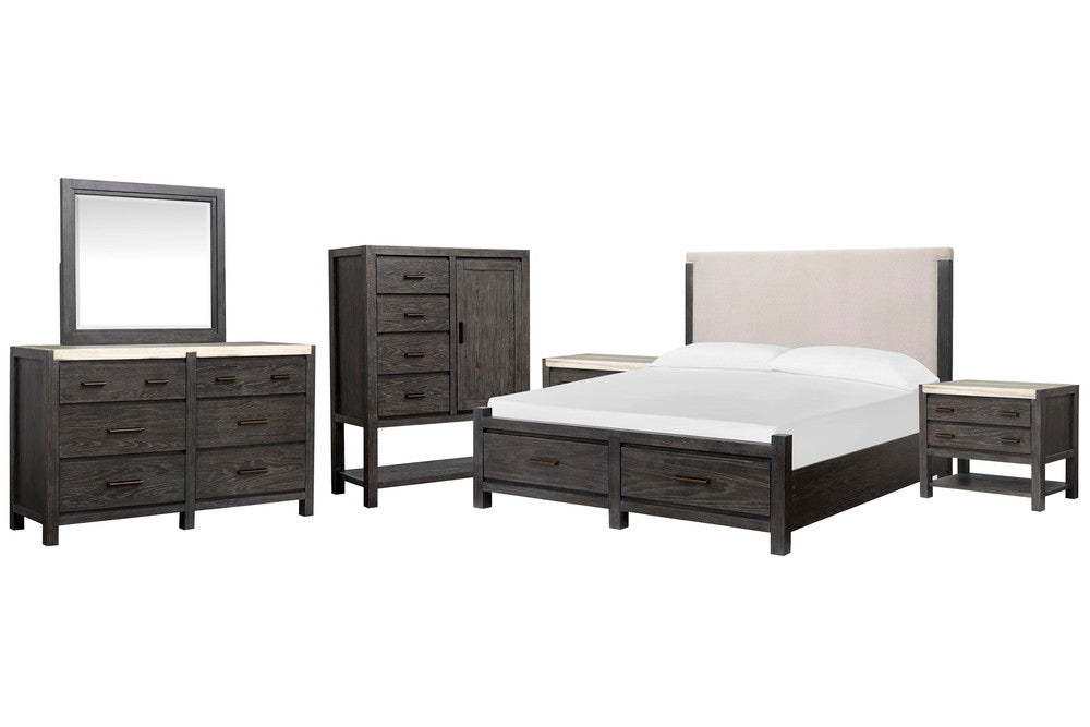 Magnussen - Plum Creek Ravenwood Black Queen Upholstered Panel Storage Bed 2 Open Nightstands Drawer Dresser With Landscape Mirror And Door Chest - B5990-55A-KIT11 view 1