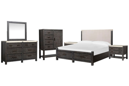 Magnussen - Plum Creek Ravenwood Black Queen Upholstered Panel Storage Bed 2 Open Nightstands Drawer Dresser With Landscape Mirror And Door Chest - B5990-55A-KIT11 view 1