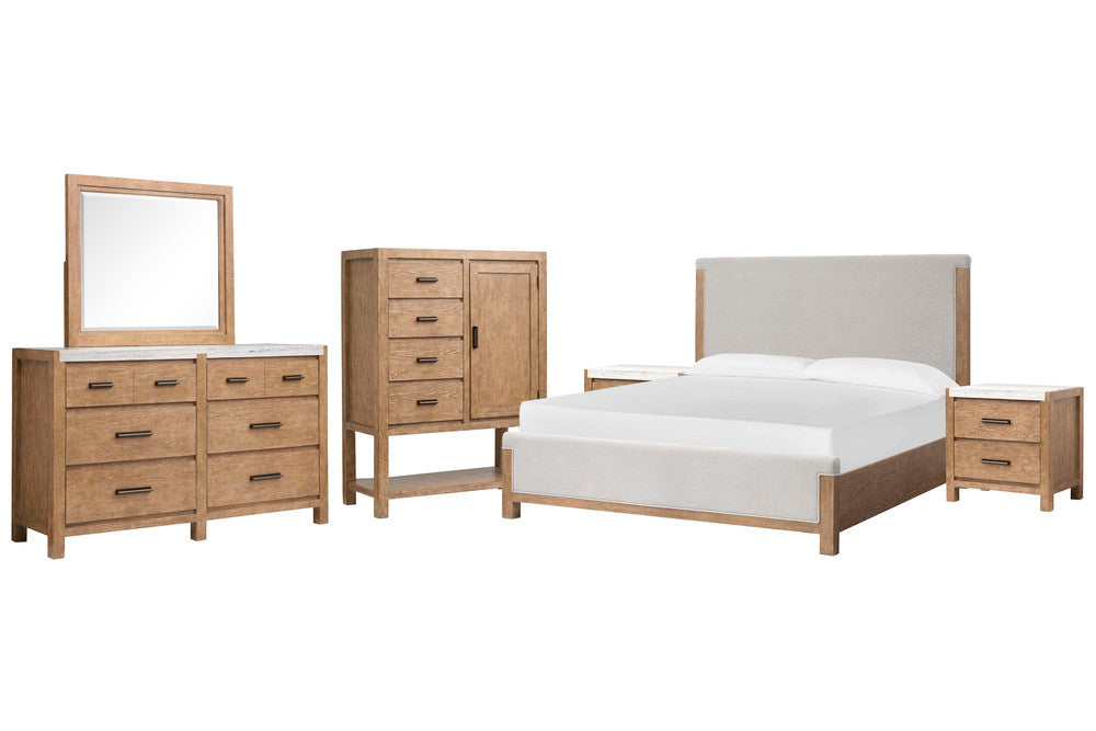 Magnussen - Plum Creek Sierra Brown California King Upholstered Panel Bed 2 Nightstands Drawer Dresser With Landscape Mirror And Door Chest - B5768-75-KIT6 view 1