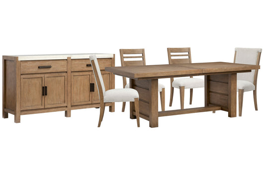 Magnussen - Plum Creek Sierra Brown Extendable Trestle Dining Table With 2 Side Chairs 2 Upholstered Side Chairs Bench And Server - D5768-21-KIT26 view 1