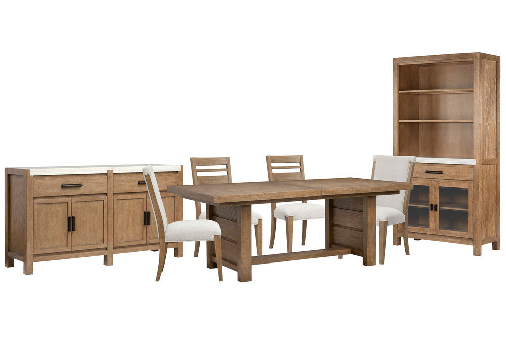Magnussen - Plum Creek Sierra Brown Extendable Trestle Dining Table With 2 Side Chairs 2 Upholstered Side Chairs Bench Server And Display Cabinet - D5768-21-KIT27 view 1