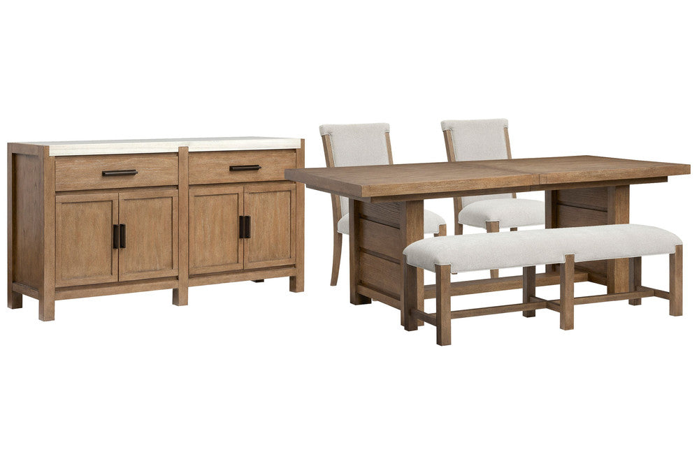 Magnussen - Plum Creek Sierra Brown Extendable Trestle Dining Table With 2 Upholstered Side Chairs Bench And Server - D5768-21-KIT20 view 1