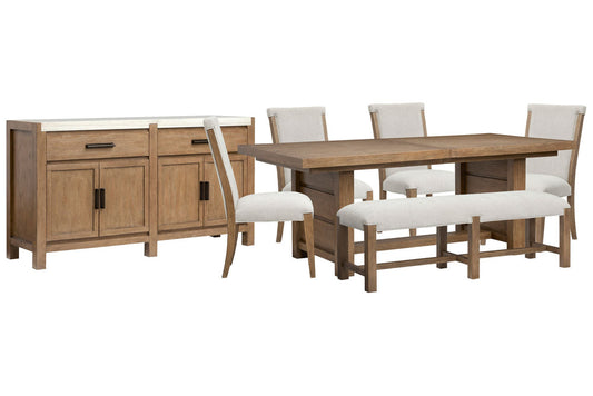 Magnussen - Plum Creek Sierra Brown Extendable Trestle Dining Table With 4 Upholstered Side Chairs Bench And Server - D5768-21-KIT23 view 1