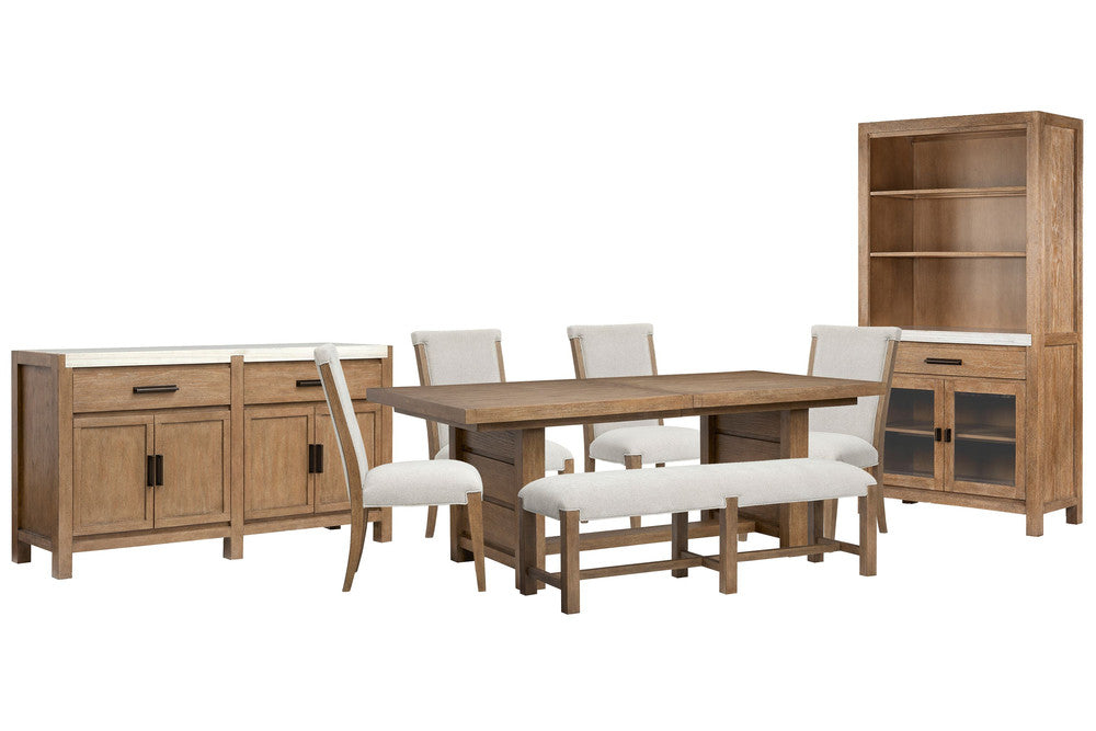 Magnussen - Plum Creek Sierra Brown Extendable Trestle Dining Table With 4 Upholstered Side Chairs Bench Server And Display Cabinet - D5768-21-KIT24 view 1