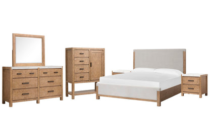 Magnussen - Plum Creek Sierra Brown King Upholstered Panel Bed 2 Nightstands Drawer Dresser With Landscape Mirror And Door Chest - B5768-65-KIT6 view 1