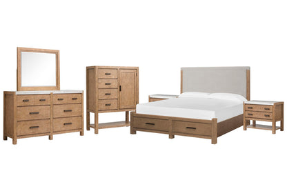Magnussen - Plum Creek Sierra Brown King Upholstered Panel Storage Bed 2 Open Nightstands Drawer Dresser With Landscape Mirror And Door Chest - B5768-65A-KIT11 view 1