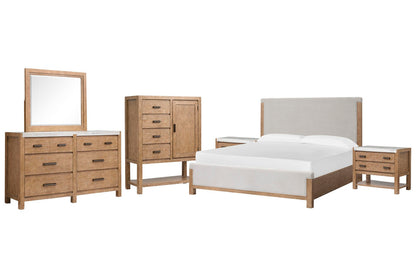 Magnussen - Plum Creek Sierra Brown Queen Upholstered Panel Bed 2 Open Nightstands Drawer Dresser With Landscape Mirror And Door Chest - B5768-55-KIT11 view 1