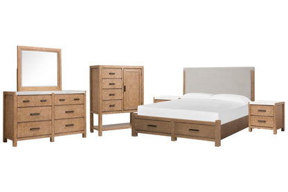 Magnussen - Plum Creek Sierra Brown Queen Upholstered Panel Storage Bed 2 Nightstands Drawer Dresser With Landscape Mirror And Door Chest - B5768-55A-KIT6 view 1
