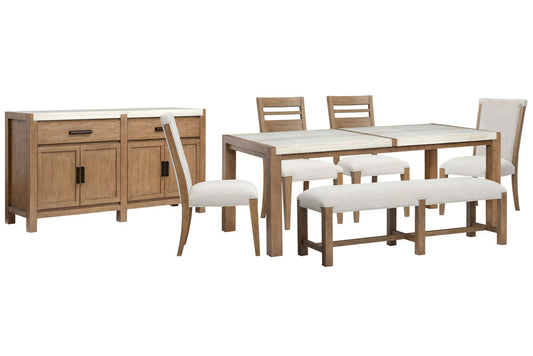 Magnussen - Plum Creek Sierra Brown Rectangular Dining Table With 2 Side Chairs 2 Upholstered Side Chairs Bench And Server - D5768-20-KIT26 view 1
