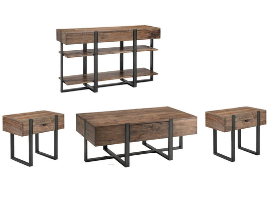 Magnussen - Prescott Rustic Honey And Distressed Iron Condo Rectangular Cocktail Table With 2 Chairside End Table And Sofa Table - T4344-44KIT3 view 1
